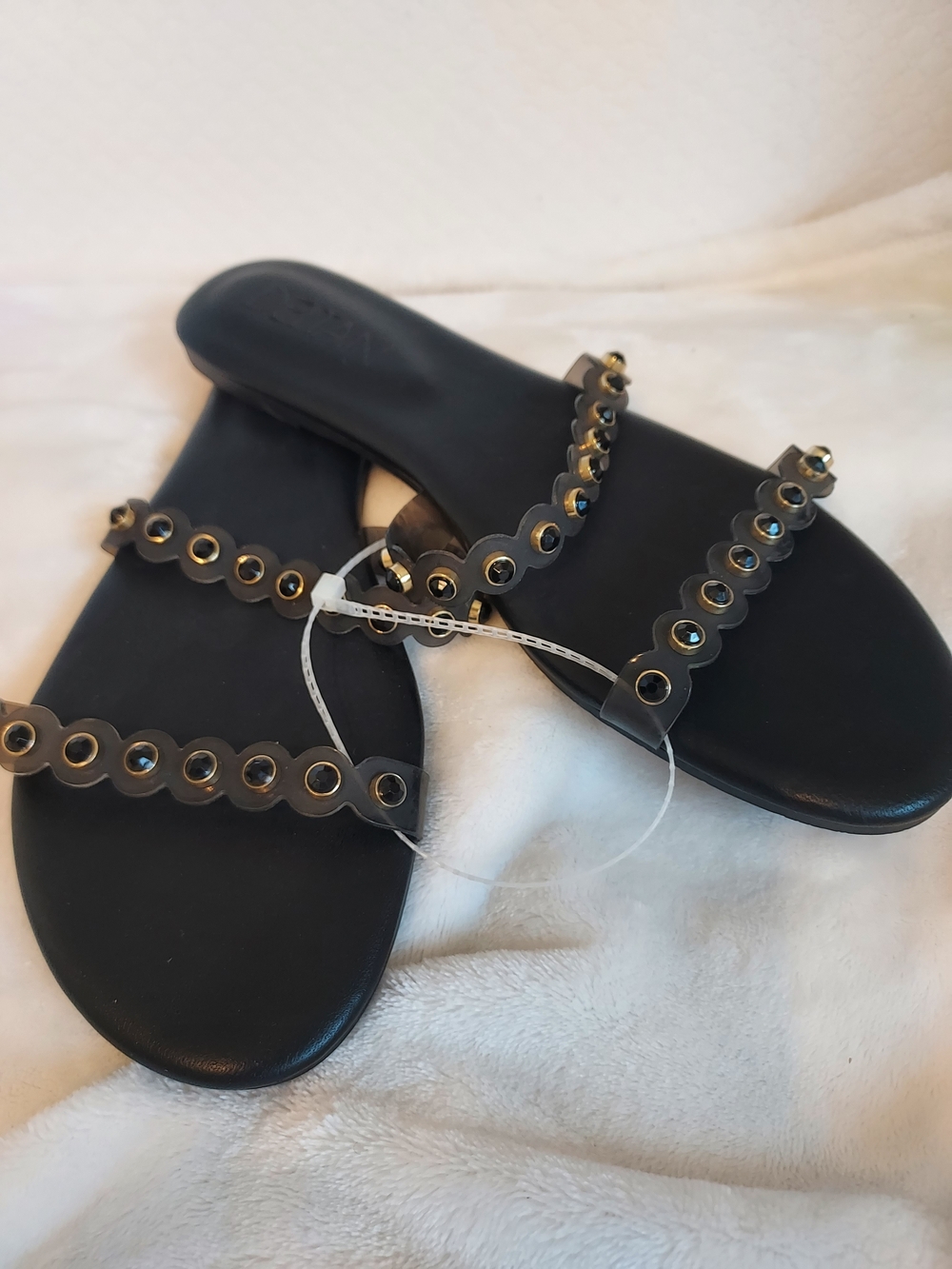 Deltan Hollie Scallop Cushioned Black Studded Sandals Sz 10 Summer Beach Chic